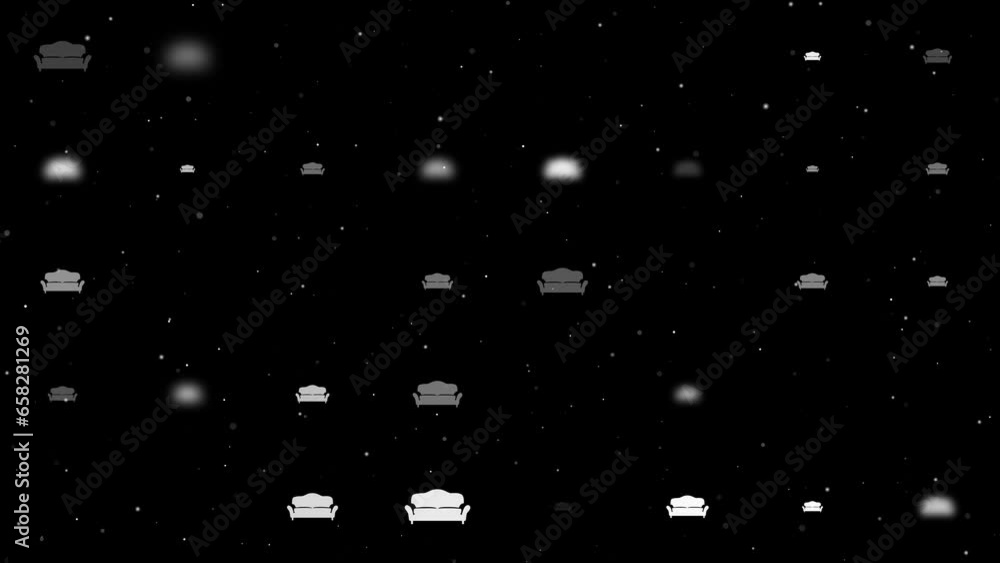Poster template animation of evenly spaced sofa symbols of different sizes and opacity. animation of transp