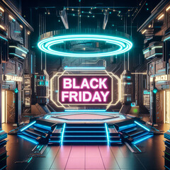 3D illustration neon sign with text "BLACK FRIDAY" on a futuristic mall in sci-fi city
