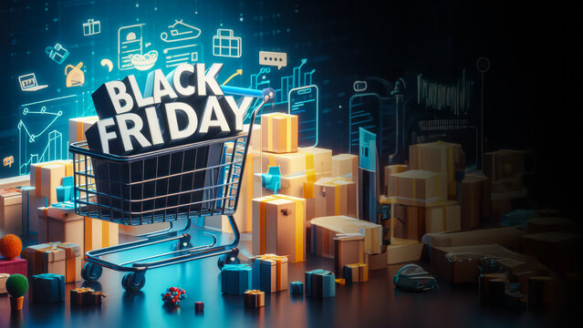 3D illustration Black Friday Sale concept in a shopping cart. Web Banner project idea template with copy space