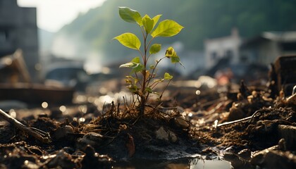 Obraz premium Small young sapling growing in a burnt area 