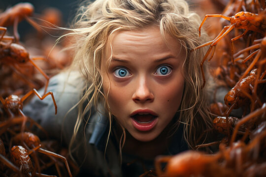 Alarming spectacle of a terrified blonde woman engulfed in a mass of repugnant insects.