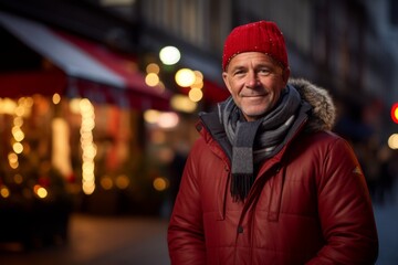 Portrait of a smiling senior man in a red jacket on a Christmas market.