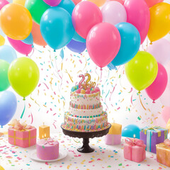 Beautiful happy birthday Background With Balloons, cake with candles by Ai generated
