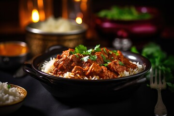 A cozy dining scene with a bowl of Rogan Josh served on a warm, inviting table, accompanied by steamed basmati rice, creating a comforting and homey atmosphere. - obrazy, fototapety, plakaty