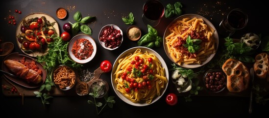Assorted Italian pasta dishes captured from above with room for text