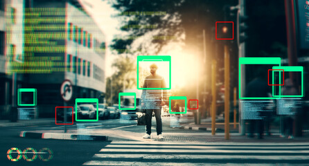 Face recognition, man in street and identity with biometric, surveillance and code for technology innovation in city. Network, security and future, ai overlay with info and frame, privacy and UI