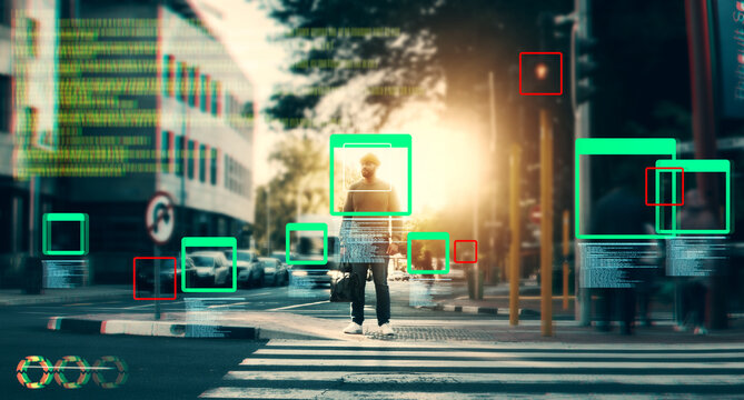 Face recognition, man in street and identity with biometric, surveillance and code for technology innovation in city. Network, security and future, ai overlay with info and frame, privacy and UI