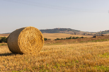 Rotoballa di fieno con lo sfondo di Pienza, Toscana