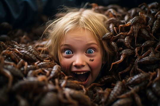 Chilling scene of a blonde, lone girl immersed in a swarm of disgusting bugs inciting horror and phobia.