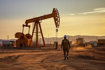 Foto op Aluminium rod pump extracts oil from the subsoil in desert terrain © FotoAndalucia