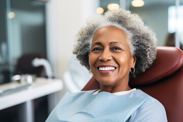 black woman smiling in dentist chair - obrazy, fototapety, plakaty