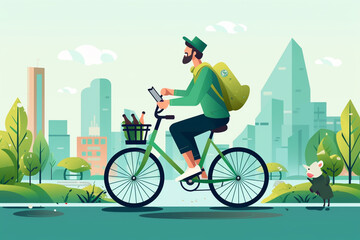 Hipster man riding bicycle in the park with balloons. Vector illustration