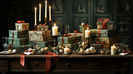 Tabletop with Christmas gift boxes, ornaments and  candles