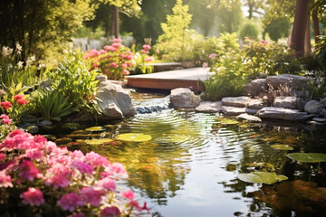 Beautiful landscape design for backyard garden pond background. Artificial pond  with water-lily on the home plot. Generative AI - obrazy, fototapety, plakaty