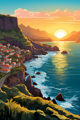 Illustration of a beautiful view of a tropical island - obrazy, fototapety, plakaty