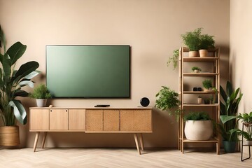 Modern TV on cabinet and green plants near beige w ...