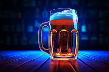 glass of beer drink neon dark background - obrazy, fototapety, plakaty