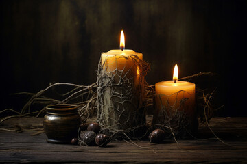 Generative AI portrait picture of halloween scary ritual candles burning flame witchery spell