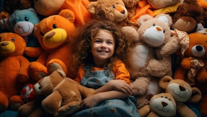 Joyful girl surrounded by a plethora of plush toys.