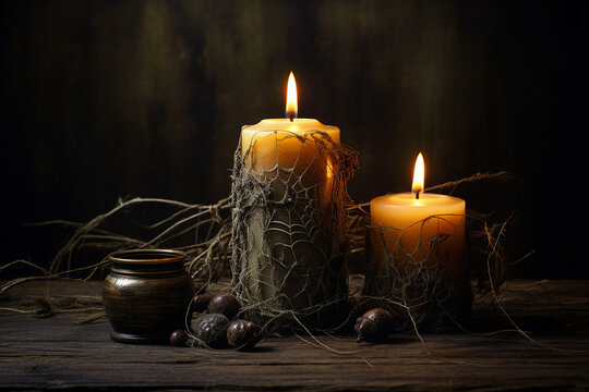 Generative AI portrait picture of halloween scary ritual candles burning flame witchery spell