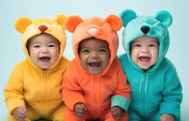 Babies in colorful animal onesies sit on a soothing light blue photography studio backdrop, creating an adorable and playful scene.