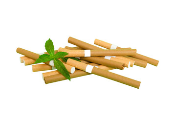 Menthol cigarettes and fresh mint leaves on colored background, Many cigarettes stacked together top view flat lay