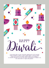 Diwali greeting poster. Holiday backgrounds for celebrating Indian festival of lights. Social media stories template. Vector illustration in flat cartoon style
