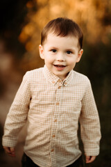 A little two-year-old boy in a field with tall grass