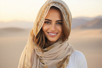 Beautiful arabic woman wearing veil in sandy desert Generative Ai illustration - obrazy, fototapety, plakaty