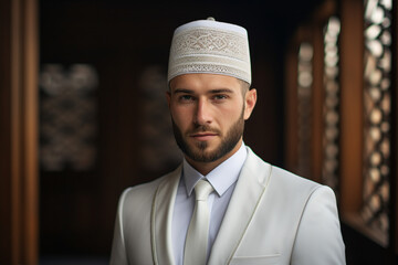 Generative AI technology picture of young arab man in cultural clothes religious person - obrazy, fototapety, plakaty