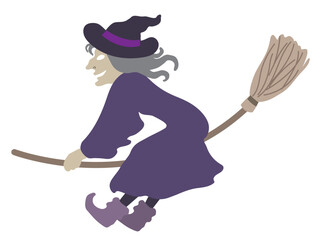 Halloween outlined vector illustration element of spooky, cute and fun flying wicked witch in purple costume, enjoying the ride.