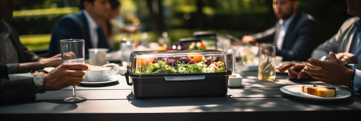 Office workers in business suits have lunch in the park and eat pre-prepared healthy food from a lunchbox, lunch or brunch in nature, banner