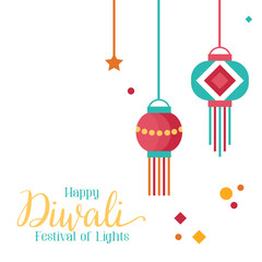 Diwali greeting card. Holiday background for celebrating Indian festival of lights. Vector illustration in flat cartoon style.