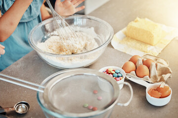 Hands, baking and bowl with flour, butter and eggs in home, kitchen or counter with people mixing recipe ingredient. Chef, cooking or baker prepare food with equipment in process or person whisk eggs