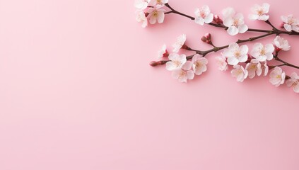 Fototapeta na wymiar Delicate cherry blossoms lay sprawled on a soft pastel pink backdrop, captured from a top perspective. The meticulously designed scene, courtesy of generative AI, offers ample space for text and brand