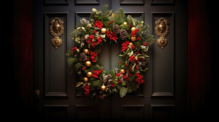 Fototapeta na wymiar Christmas wreath on wooden door.