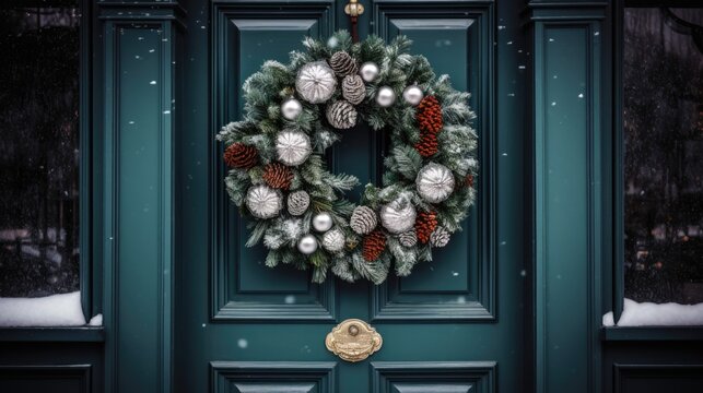 Christmas wreath on wooden door.