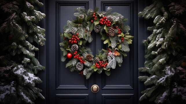 Christmas wreath on wooden door.