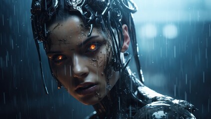 A futuristic woman cyborg, with piercing red glowing eyes, symbolizes AI and cybersecurity, evoking the notion of a cybersecurity breach in the digital age.