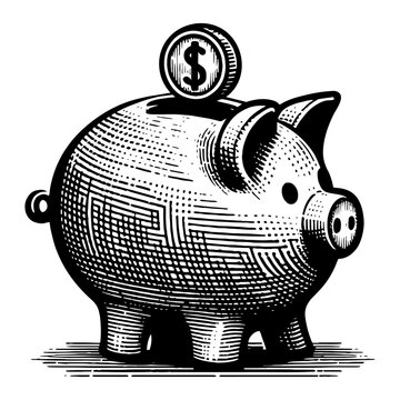 piggy bank with a coin sketch