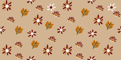 Tropical nature seamless pattern hand-drawn plants, simple small flowers. Flowers Branches and Leaves Repeating Seamless pattern hand-drawn with tropical leaves. floral seamless pattern with leaves