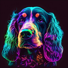 English Cocker Spaniel dog puppy in abstract, graphic highlighters lines rainbow ultra-bright neon artistic portrait, commercial, editorial advertisement, surrealism. Isolated on dark background