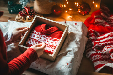 Opened christmas gift, cosy interior, christmas sweater