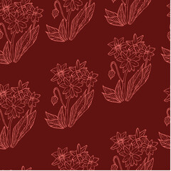 Maroon and Pink Floral Seamless Repeat Pattern. Trending fabric colors. Hand drawn flowers