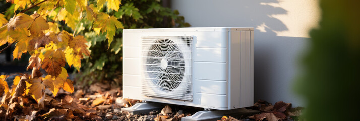 Outdoor unit of air source heat pump near the house, heating and cooling the house, banner - obrazy, fototapety, plakaty