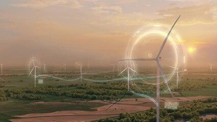 Windpower Farm with digital layer override for data flow visualisation in sunrise environment with camera movement - Powered by Adobe