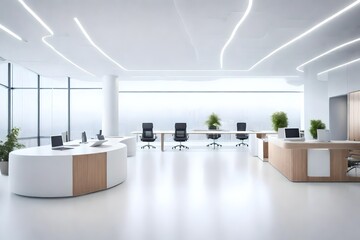 Craft a 3D rendering of a modern white office that emphasizes a tech-savvy atmosphere. Include elements such as large computer monitors, innovative gadgets, and high-tech accessories. Use creative lig