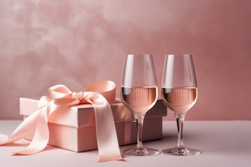 Two glasses of champagne or wine and pink present box with silk ribbon on pastel background. Festive and celebration concept.