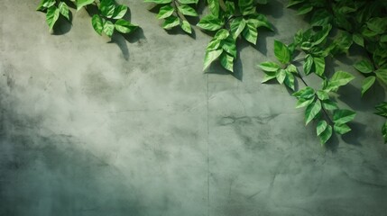 Concrete green and grey background with leaves. Flat lay, top view, copy space.