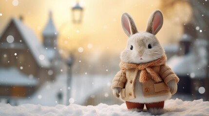 Cute little bunny in warm clothes on snowy street. Winter holidays, horizontal Christmas card. Generative AI